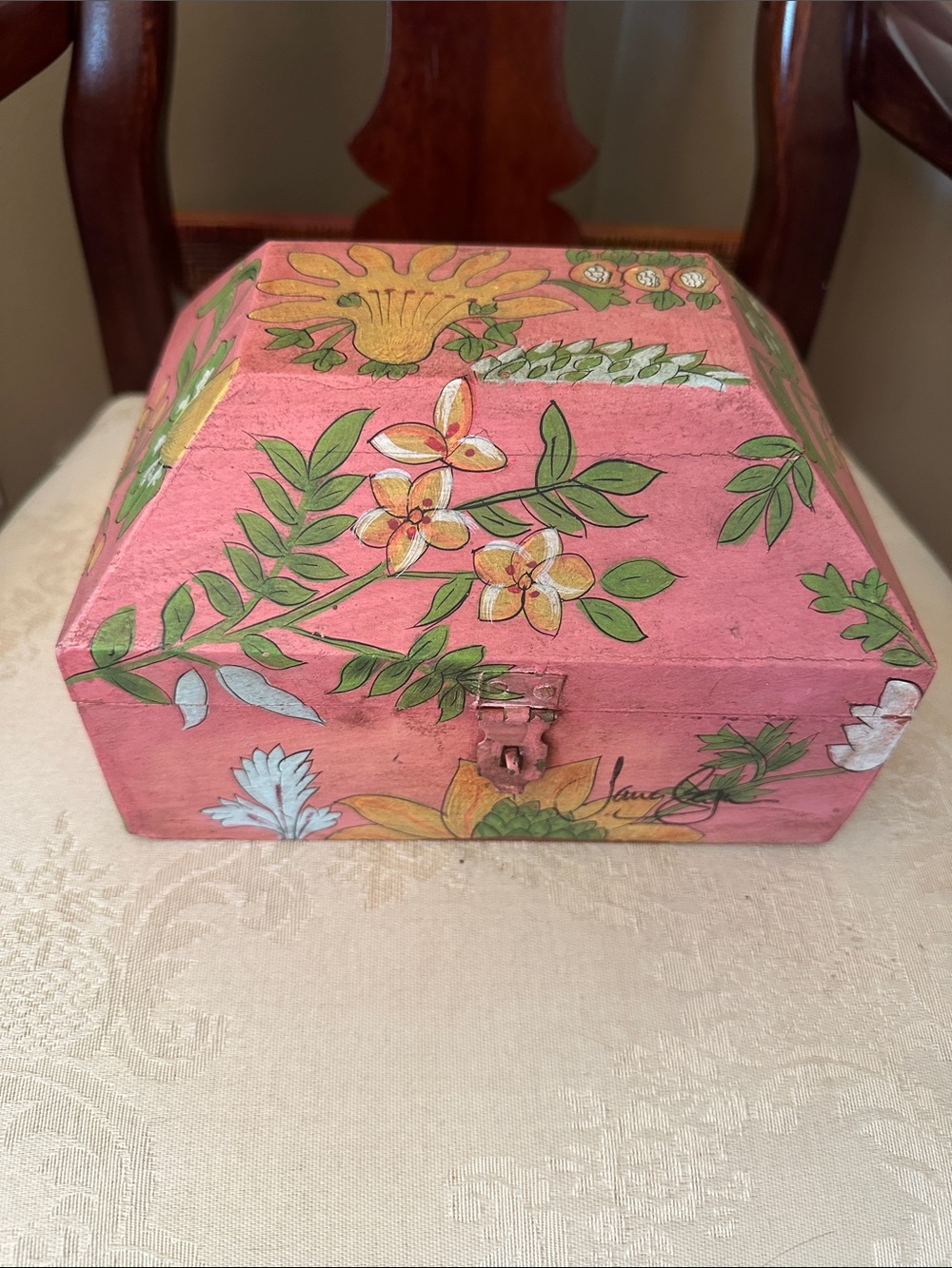 Hand painted and signed pink wood memory or trinket box w/ floral and leaf motif